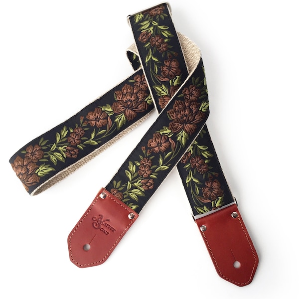The Weston Guitar Strap - Brown floral rose, green leaf & black custom leather ends, for Electric, bass, acoustic string instruments guitar