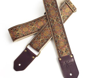 The Jupiter Guitar Strap by Native Sons - Vintage style tapestry strap in earth tones with hemp or nylon and leather