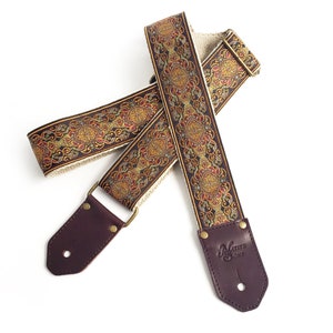 The Jupiter Guitar Strap by Native Sons - Vintage style tapestry strap in earth tones with hemp or nylon and leather