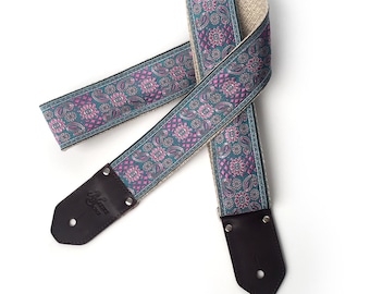 The Siren in Blue - Correa de guitarra de Native Sons - Correa de guitarra floral azul y rosa brillante y Paisley, Cáñamo o nailon y cuero personalizado