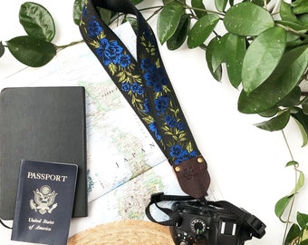 The Wyatt Camera Strap by Native Sons - Royal Blue, Black and Green floral embroidered, Binocular Strap, Nylon or hemp camera, 2 inches wide