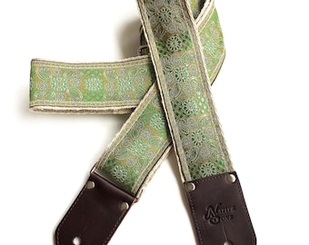 The Siren in Emerald Guitar Strap - Emerald and Lime green floral and Paisley guitar strapCool Guitar Strap, hemp strap, Custom leather,