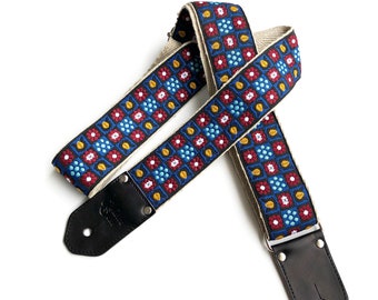 The Tula Guitar Strap - Aqua Blue, Maroon, Black and Yellow flowers in Boxes Cool Guitar Strap, hemp strap, Custom leather,