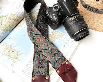 The Atlas Camera Strap by Native Sons - Burgundy and Teal Tapestry Motif, Binocular Strap, Nylon or hemp camera strap 2 inches wide, Leather