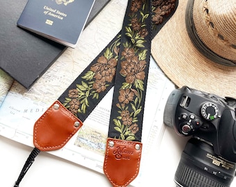 The Weston Camera Strap- Brown, Black & Green Floral with Custom Leather Camera strap