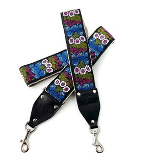 The Aster Guitar Strap Style Bag Strap Unique Blue, green and Purple floral strap on Black background for purse, handbag, luggage strap, image 1