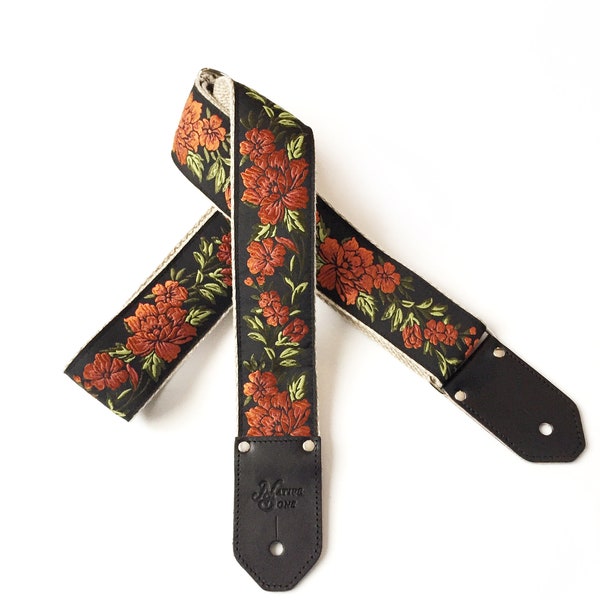 The Copper Penny Guitar Strap - Adjustable guitar strap with floral copper design on  black background with leather ends - Orange flower