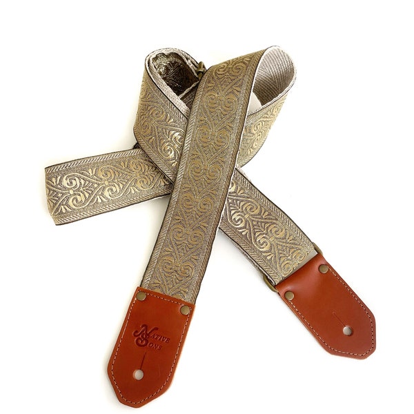 El Dorado Guitar Strap by Native Sons - Shiny gold guitar and bass strap with hemp or Nylon made with custom leather choice, golden strap