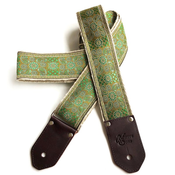 The Siren in Emerald Guitar Strap - Emerald and Lime green floral and Paisley guitar strapCool Guitar Strap, hemp strap, Custom leather,