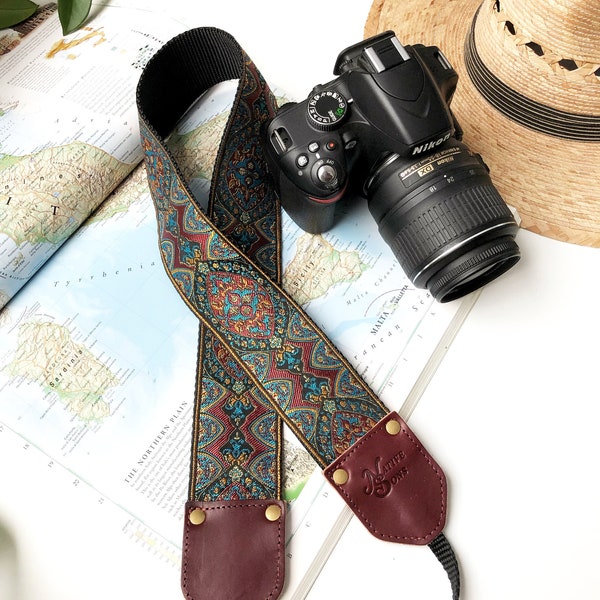 The Atlas Camera Strap by Native Sons - Burgundy and Teal Tapestry Motif, Binocular Strap, Nylon or hemp camera strap 2 inches wide, Leather