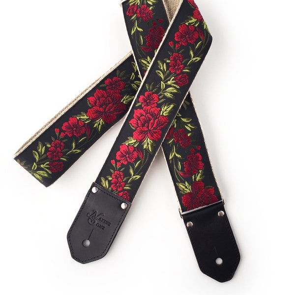The Buckley Guitar Strap -Red and Green Floral on black back ground with Custom leather ends in black for Electric, acoustic, Bass guitars