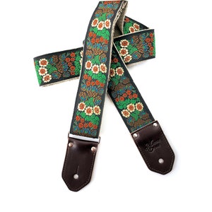 The Eden Guitar Strap - Floral Guitar Strap in yellow orange brown green blue flowers on Black with espresso or custom leather ends