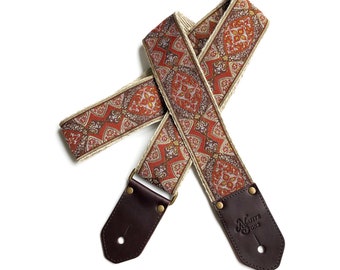 The Mars Guitar Strap -Tapestry style strap Rusty orange, taupe, brown Gold accents , Bronze Cool Guitar Strap, hemp strap, Custom leather