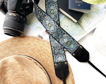 The Nebula Camera Strap by Native Sons - Paisley motif bag strap with leather and nylon or hemp in a tapestry style