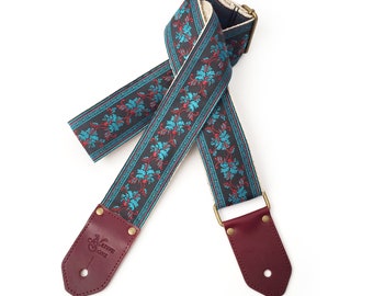 The Rhapsody in Blue Guitar Strap by Native Sons - Blue Red and Black Floral with Hemp and custom leather ends in Brown, burgundy and black