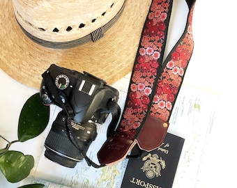 The Harper Camera Strap by Native Sons - Red and Coral Floral , Binocular Strap, Nylon or hemp camera strap, 2 inches wide