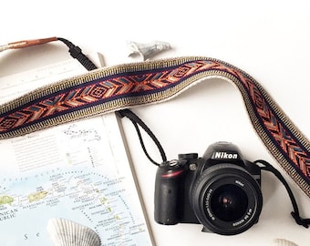 La Playa Camera Strap by Native Sons - Geometric orange arrows on blue background, Binocular Strap, Nylon or hemp camera strap 2 inches wide