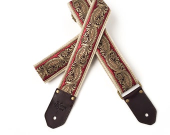 The Eros Guitar Strap by Native Sons - Exquisite Gold Red and Brown Paisley with Hemp and custom leather ends in Brown, burgundy and black