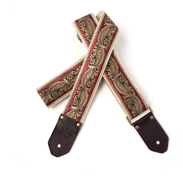 The Eros Guitar Strap by Native Sons - Exquisite Gold Red and Brown Paisley with Hemp and custom leather ends in Brown, burgundy and black