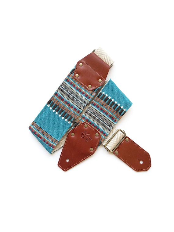 The Horizon in Sky Guitar Strap - 3 inch wide, hemp, extra wide bass strap Blue striped three inch guitar strap with custom leather options