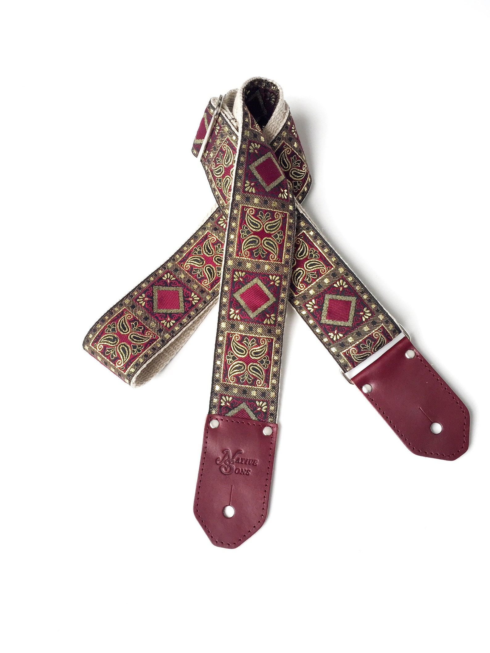 The Harmony Guitar Strap Burgundy Gold Guitar Strap Paisley Etsy