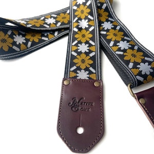 The Rambler in Black Guitar Strap by Native Sons Vintage Yellow harvest Gold and white on black best bass guitar strap in hemp or nylon image 3