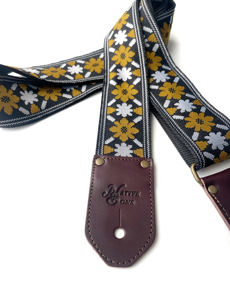 The Rambler in Black Guitar Strap by Native Sons Vintage Yellow harvest Gold and white on black best bass guitar strap in hemp or nylon image 3