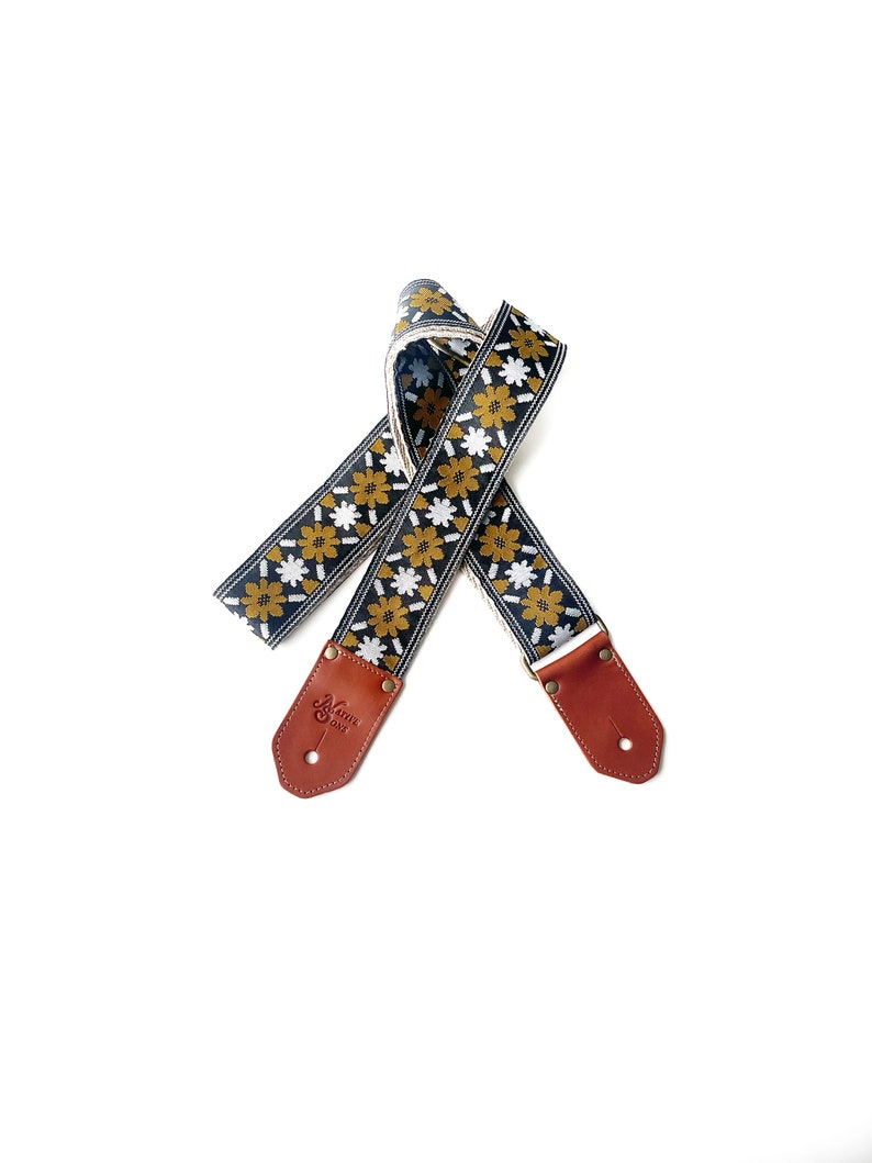 The Rambler in Black Guitar Strap by Native Sons Vintage Yellow harvest Gold and white on black best bass guitar strap in hemp or nylon image 4