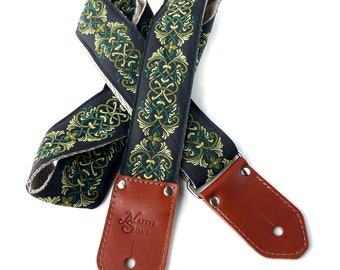 The Maeve Guitar Strap - by Native Sons Emerald  Army and Lime Green in divine celtic like knot with scroll flourish on Black background