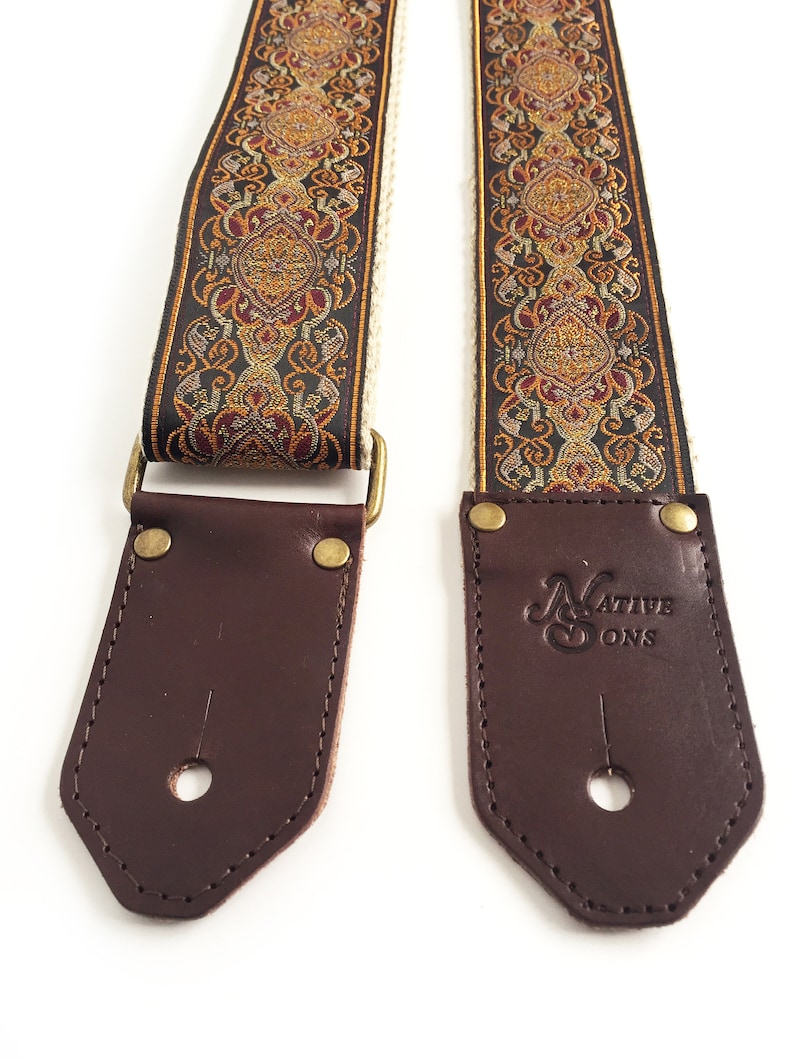 Jupiter gitarrremmen från Native Sons - Vintage-stil vävrem i jordfärger med hampa eller nylon och läder bild 5