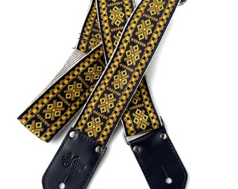 The Xann Guitar Strap - by Native Sons lemon mustard yellow woven strap diamond Black Cognac, Espresso, or burgundy leather w/ Hemp or Nylon