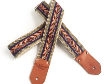 La Playa Guitar Strap -  vibrant orange arrows on blue background made in Hemp or Nylon with Brown Black cognac or burgundy leather