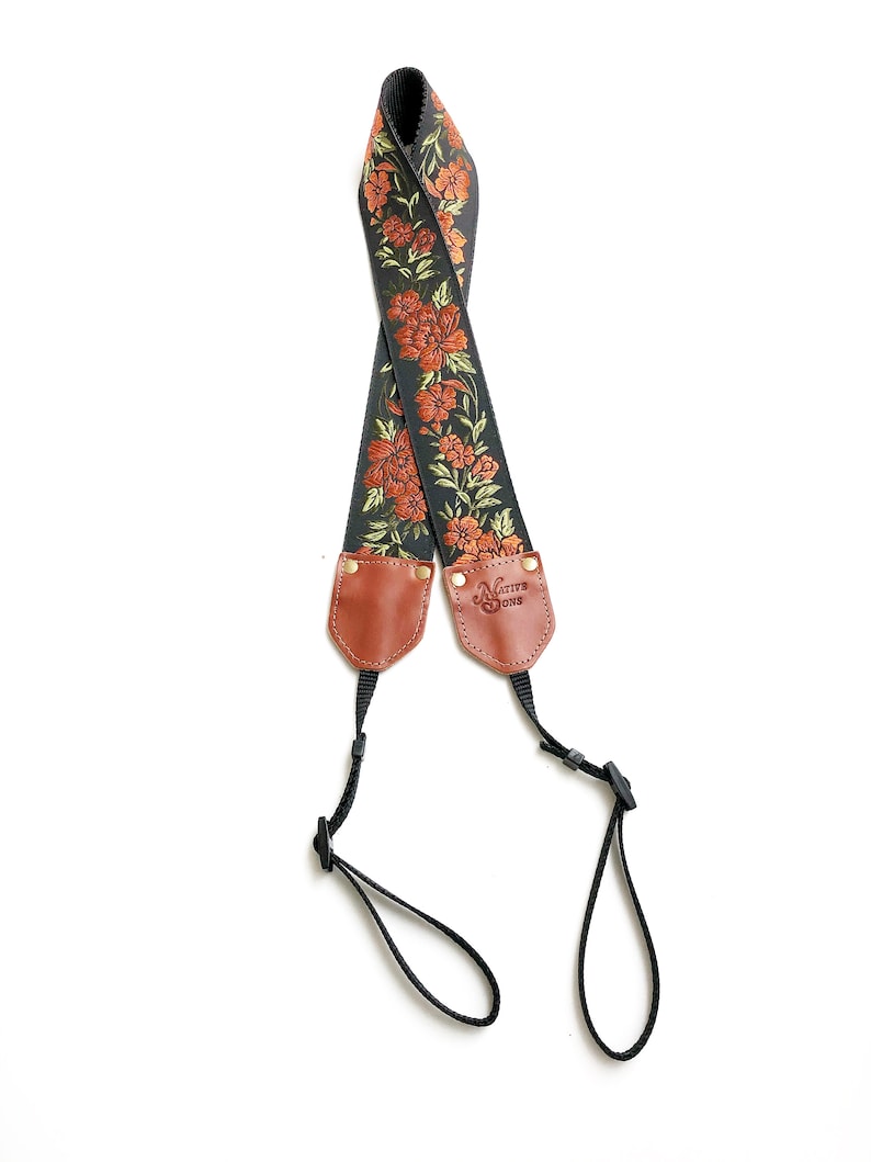 The Copper Penny Camera Strap by Native Sons Copper Orange Black and Green floral embroidered, for Binocular, Nylon or hemp camera, 2 inch image 4