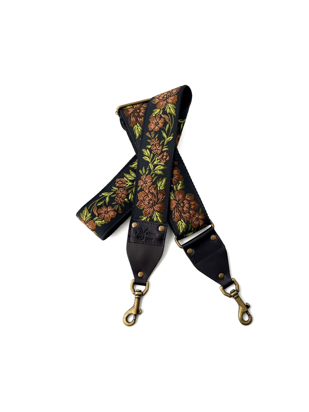 The Weston Guitar Style Bag Strap Brown, Black & Green Floral With Custom Leather for Handbag