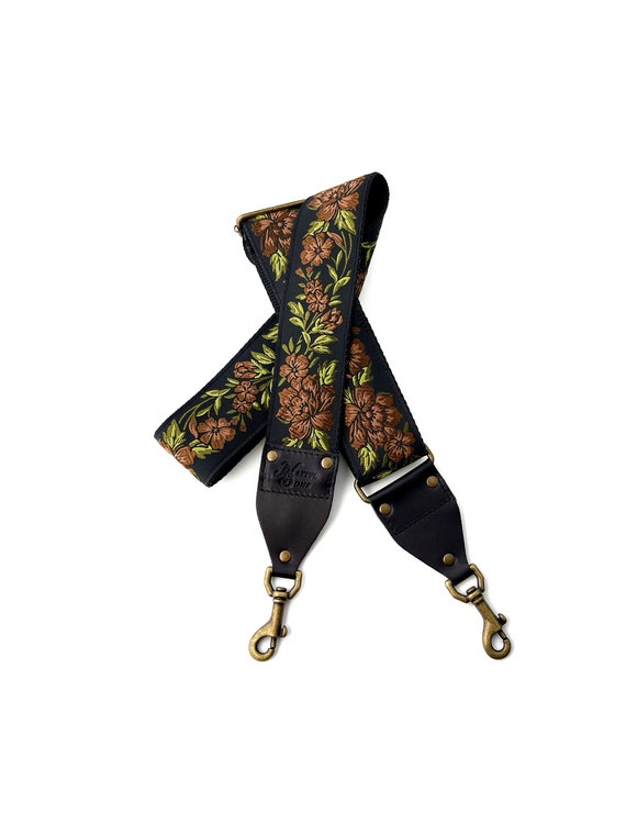 The Weston Guitar Style Bag Strap Brown, Black & Green Floral With