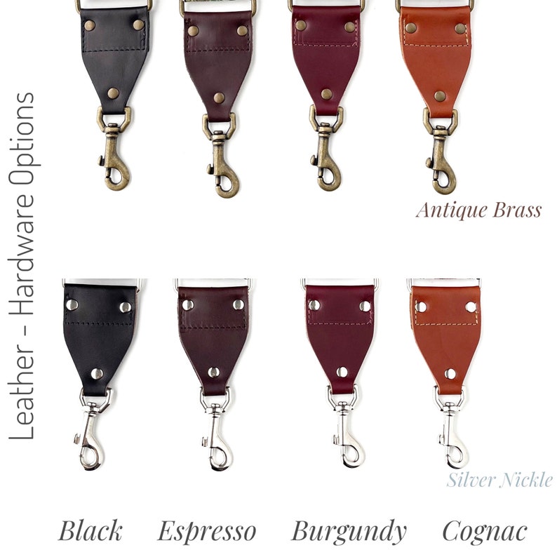 May include: Four camera straps in black, espresso, burgundy, and cognac leather with antique brass and silver nickel hardware. The straps are shown with the hardware facing the camera.