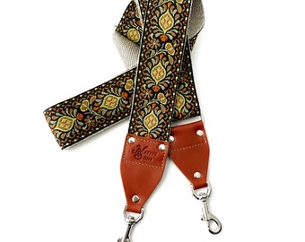 The Capri Guitar Strap Style Bag Strap by Native Sons - unique Paisley Lemon Yellow and black strap made of hemp or nylon with leather