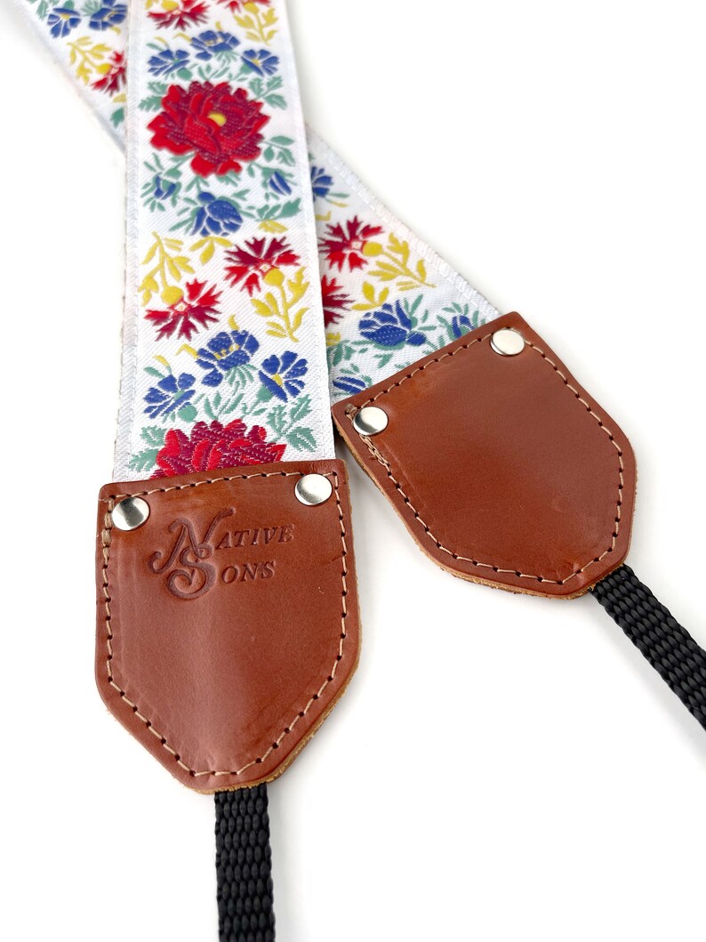 The Mia Camera Strap by Native Sons Colorful Red Rose White green blue yellow camera strap w hemp or Nylon w leather choice image 4