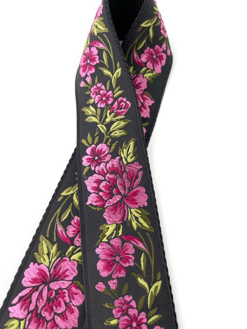 The Odel Camera Strap Fuchsia Pink and green floral on a black background, & leather image 4