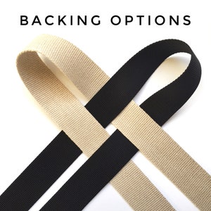 Puede incluir: Dos tiras de tela, una negra y otra beige, se cruzan entre s&iacute;. El texto "BACKING OPTIONS" se muestra sobre las tiras.