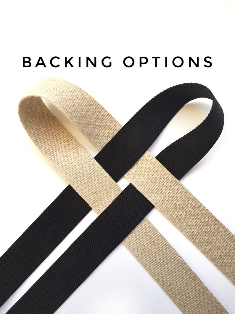 Puede incluir: Dos tiras de tela, una negra y otra beige, se cruzan entre s&iacute;. El texto "BACKING OPTIONS" se muestra sobre las tiras.
