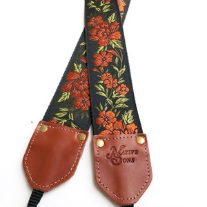 The Copper Penny Camera Strap by Native Sons Copper Orange Black and Green floral embroidered, for Binocular, Nylon or hemp camera, 2 inch image 2