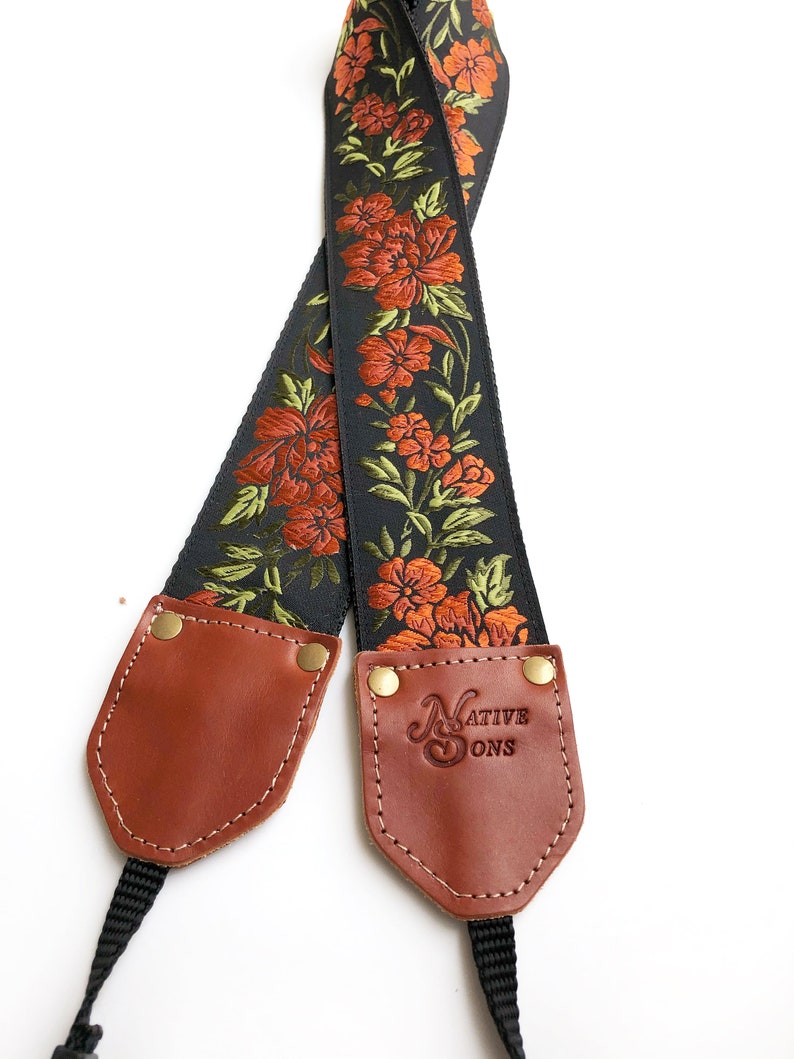 The Copper Penny Camera Strap by Native Sons Copper Orange Black and Green floral embroidered, for Binocular, Nylon or hemp camera, 2 inch image 2