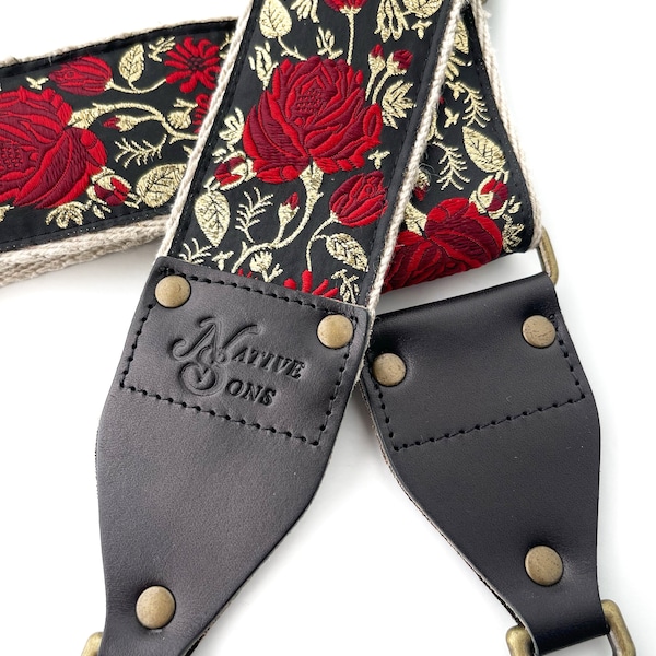 The Billy Guitar Strap Style Bag Strap - Unique Metallic Gold and Scarlet Red Roses on a black,  replacement purse, handbag, luggage strap