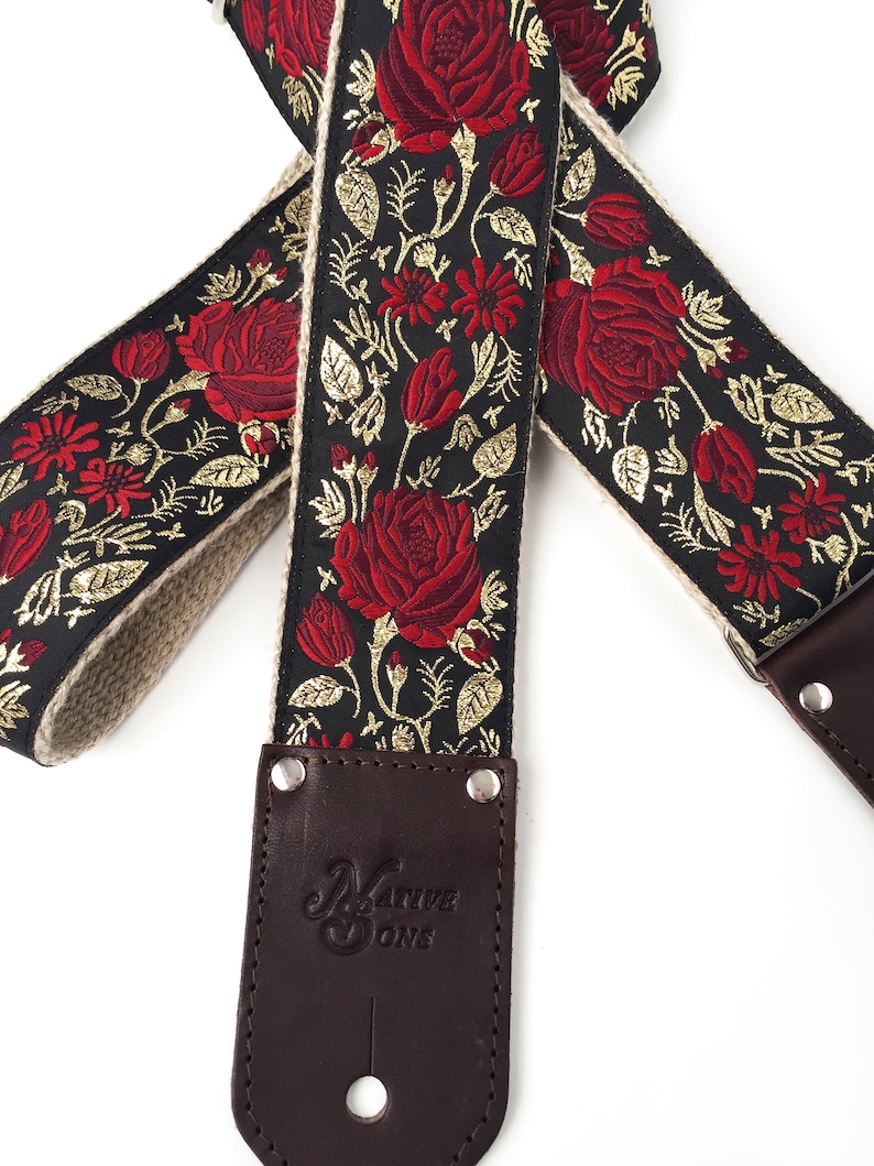 The Billy Guitar Strap Red Floral Rose Strap With Gold Leaf Etsy
