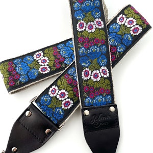 The Aster Guitar Strap Style Bag Strap Unique Blue, green and Purple floral strap on Black background for purse, handbag, luggage strap, image 2