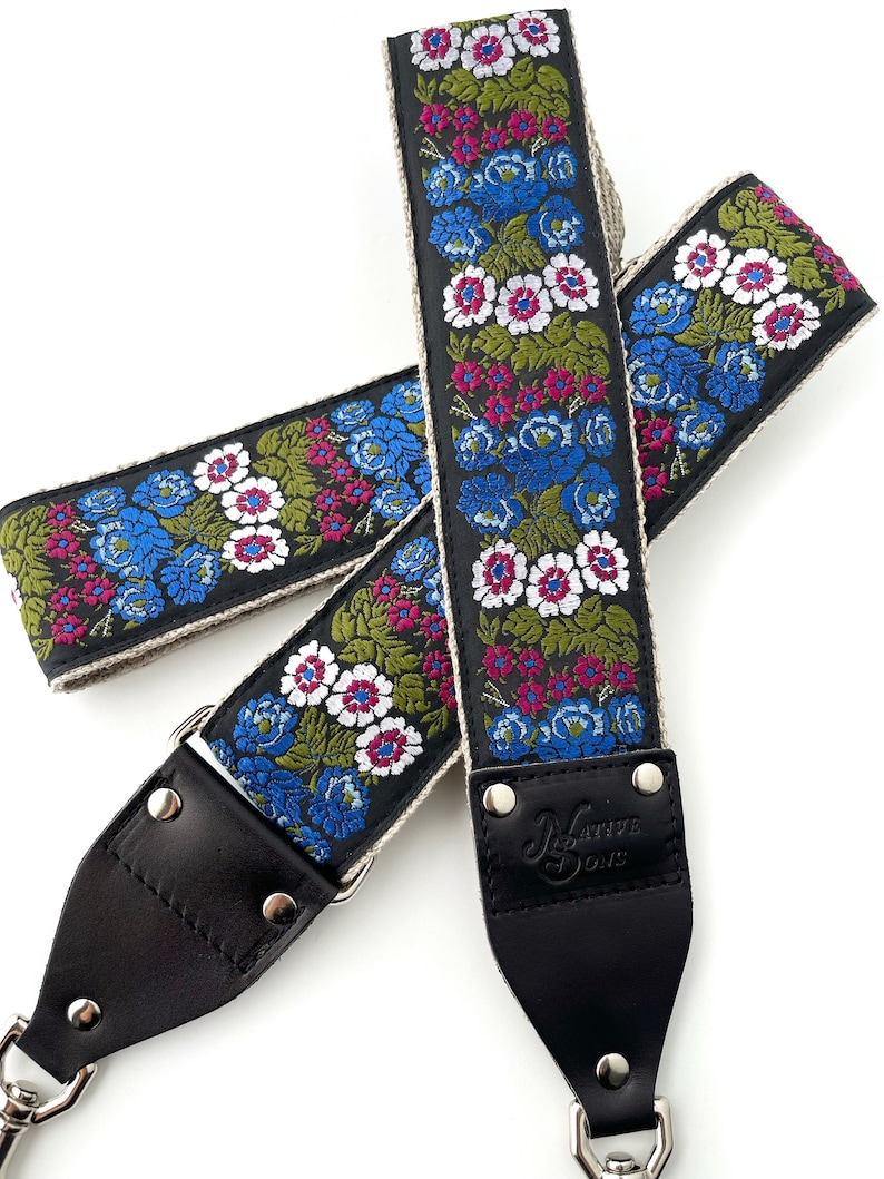 The Aster Guitar Strap Style Bag Strap Unique Blue, green and Purple floral strap on Black background for purse, handbag, luggage strap, image 2