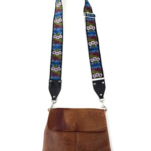 The Aster Guitar Strap Style Bag Strap Unique Blue, green and Purple floral strap on Black background for purse, handbag, luggage strap, image 4