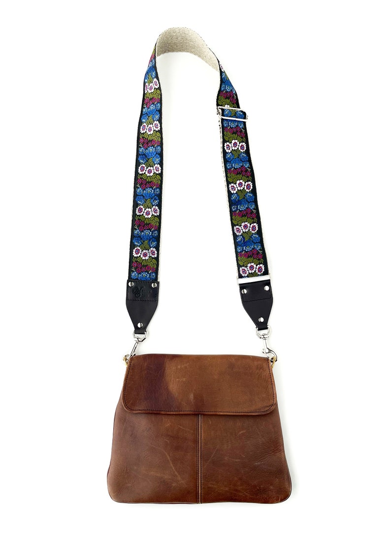 The Aster Guitar Strap Style Bag Strap Unique Blue, green and Purple floral strap on Black background for purse, handbag, luggage strap, image 4