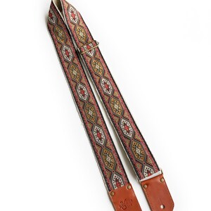 The Nomad Guitar Strap Red and Deep Golden Yellow on Black wit abstract animal motif, custom leather 2 inch hemp or Nylon guitar strap image 2